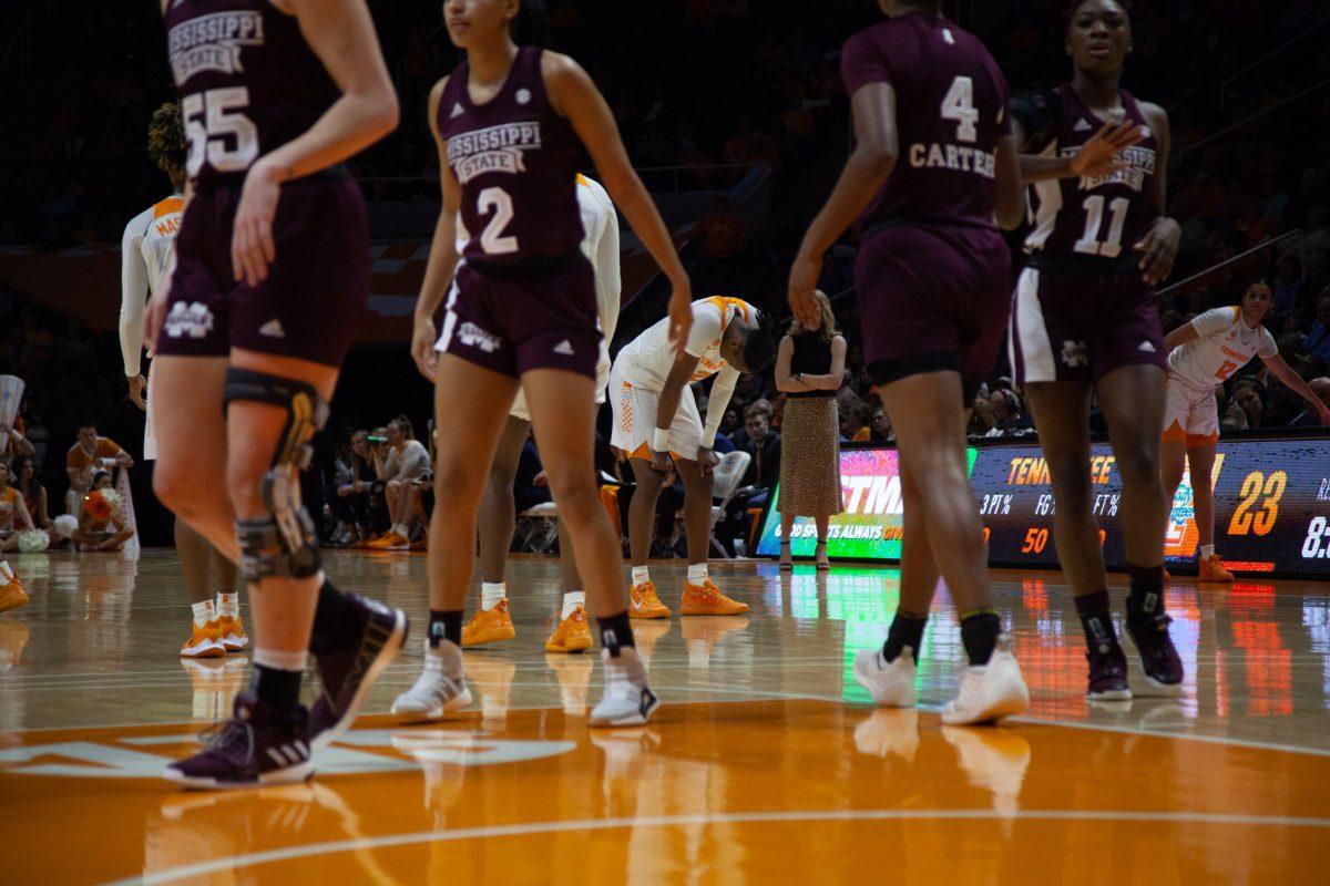 Jordan Horston, #25, puts her head down after disagreeing with a ref's call during the game against Mississippi State on Thursday, February 6, 2020 at Thompson-Boling Arena.