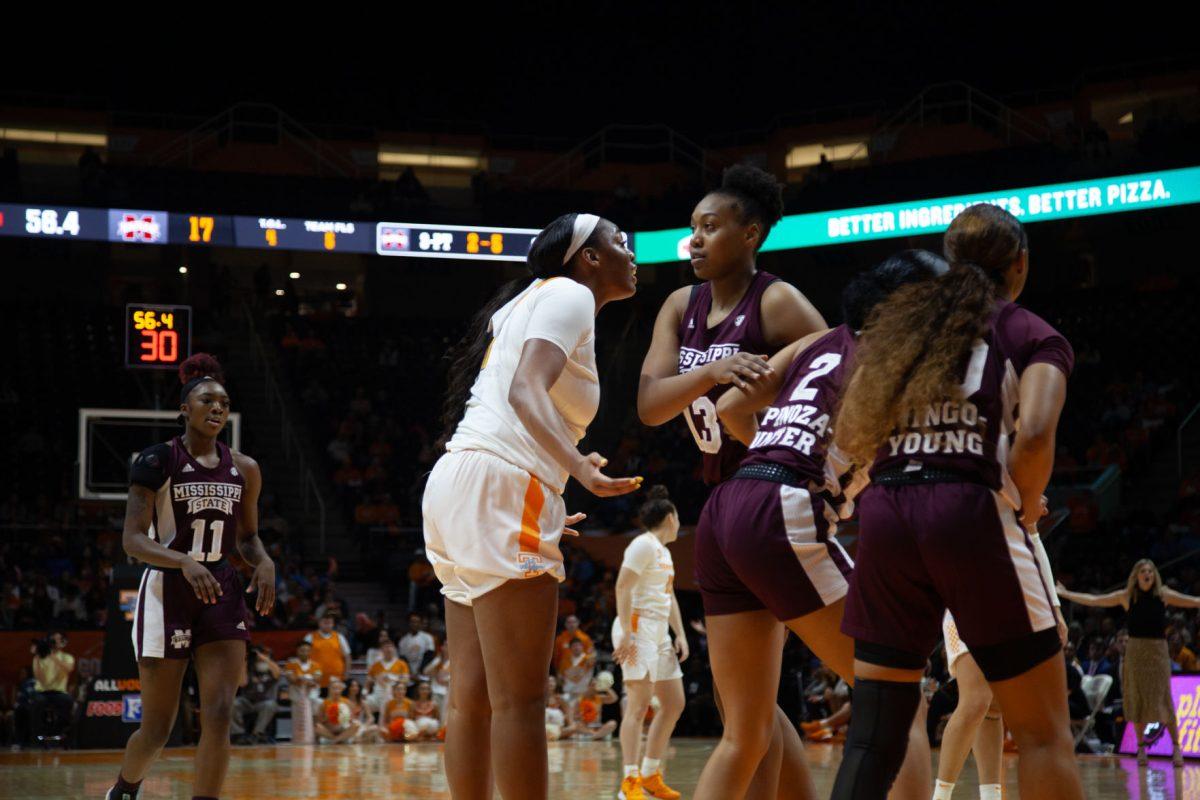 Kasiyahna Kushkituah, #11, argues with the referee after getting a foul during the game against Mississippi State on Thursday, February 6, 2020 at Thompson-Boling Arena.