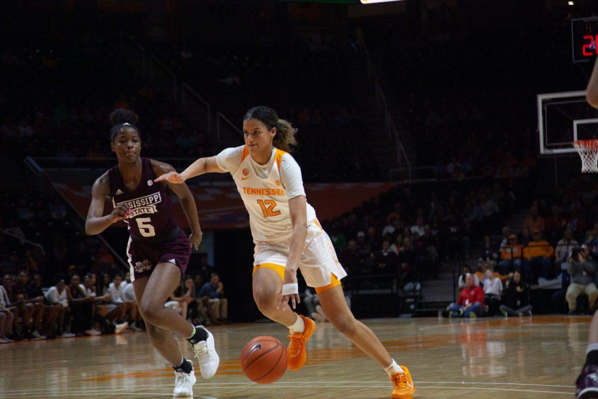 Rae Burrell, #12, runs towards the basket during the game against Mississippi State on Thursday, February 6, 2020 at Thompson-Boling Arena.