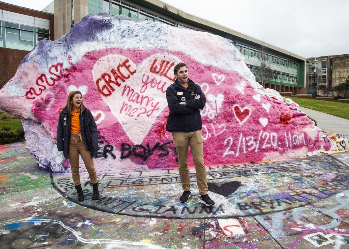 Will Slate and Grace Bosworth put on a fake proposal during a campus tour on Thursday, Feb. 13, 2020 at The Rock in Knoxville, TN.