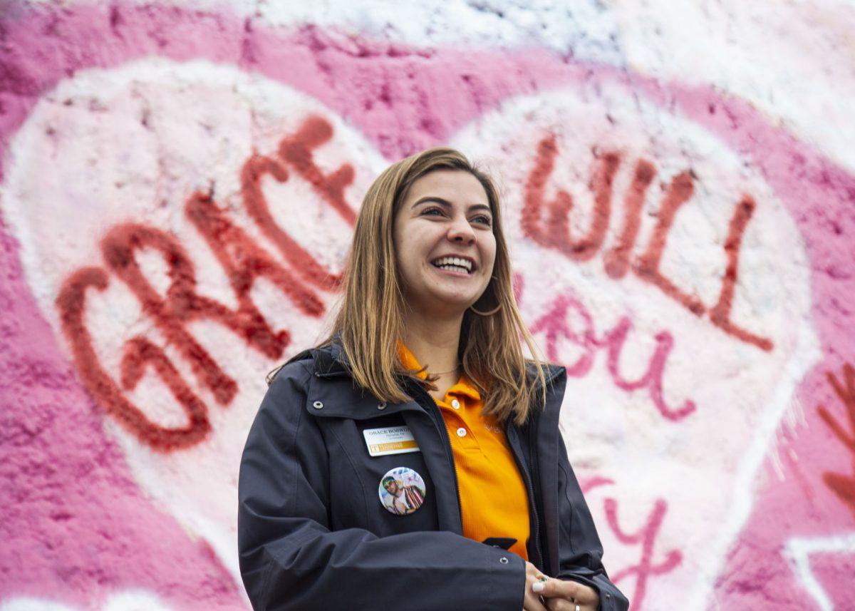 Will Slate and Grace Bosworth put on a fake proposal during a campus tour on Thursday, Feb. 13, 2020 at The Rock in Knoxville, TN.