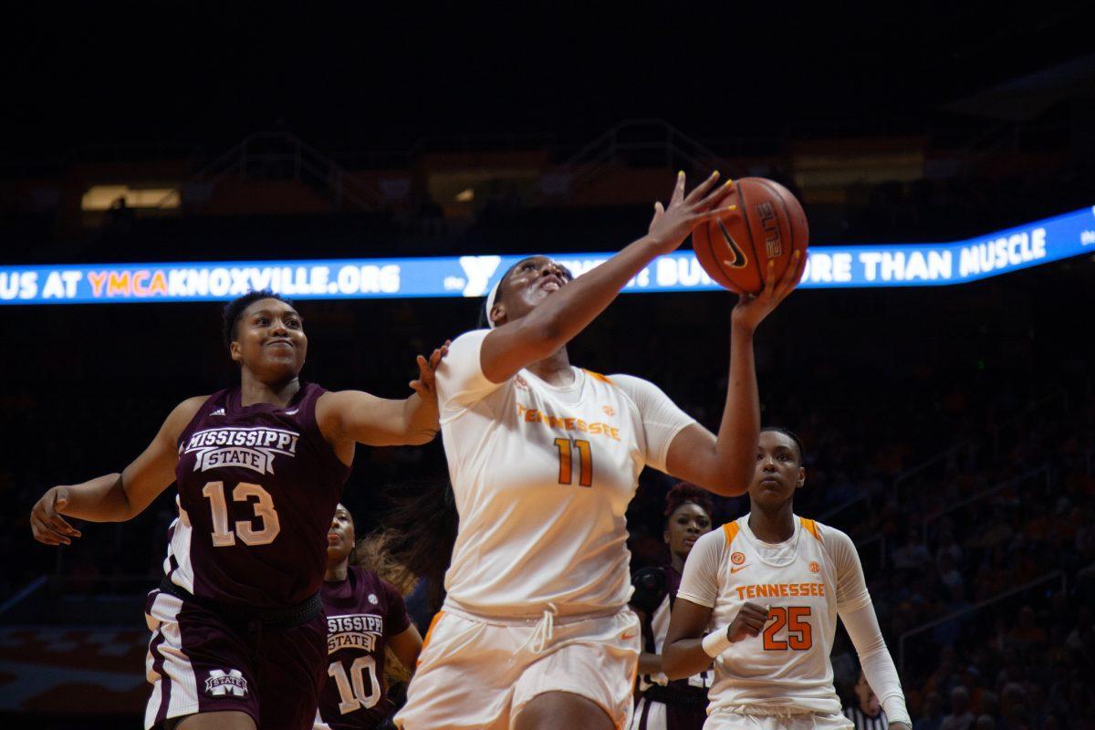 Kasiyahna Kushkituah, #11, lifts the ball up to the basket during the game against Mississippi State on Thursday, February 6, 2020 at Thompson-Boling Arena.