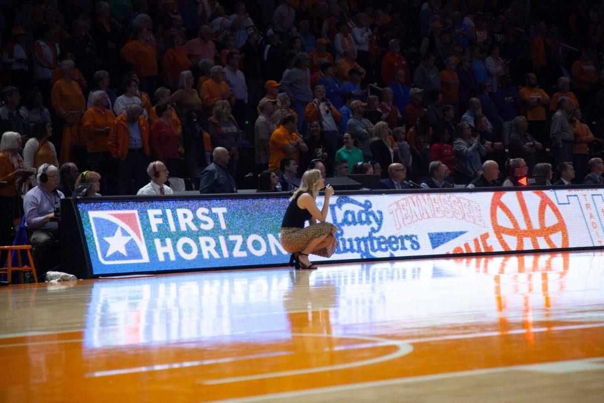 Head Coach of the Lady Vols, Kellie Harper, coaches her players from the sidelines during the game against Mississippi State on Thursday, February 6, 2020 at Thompson-Boling Arena.