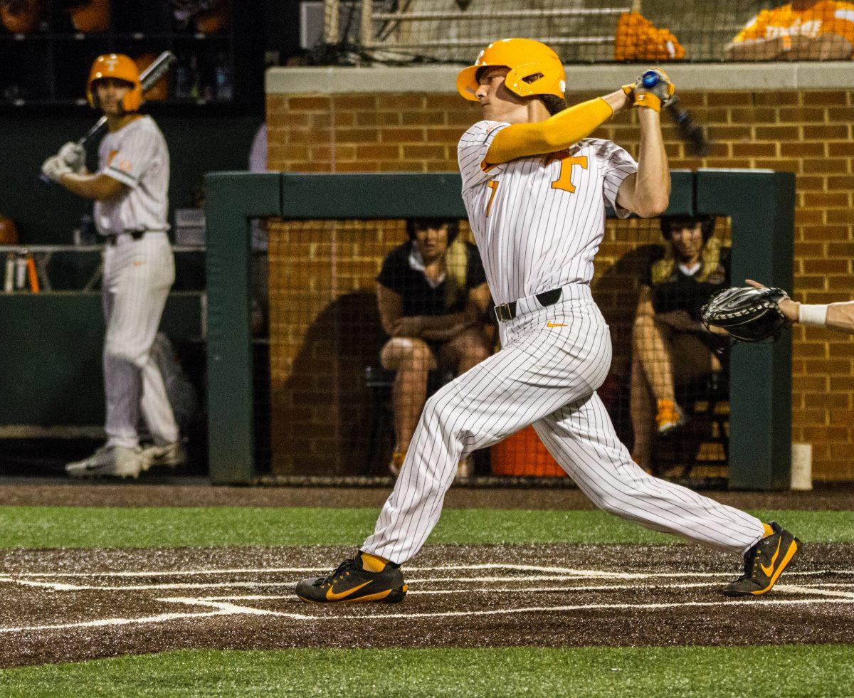 #7, Jake Rucker, after hitting the ball during the game against Ole Miss on Thursday, May 16, 2019.
