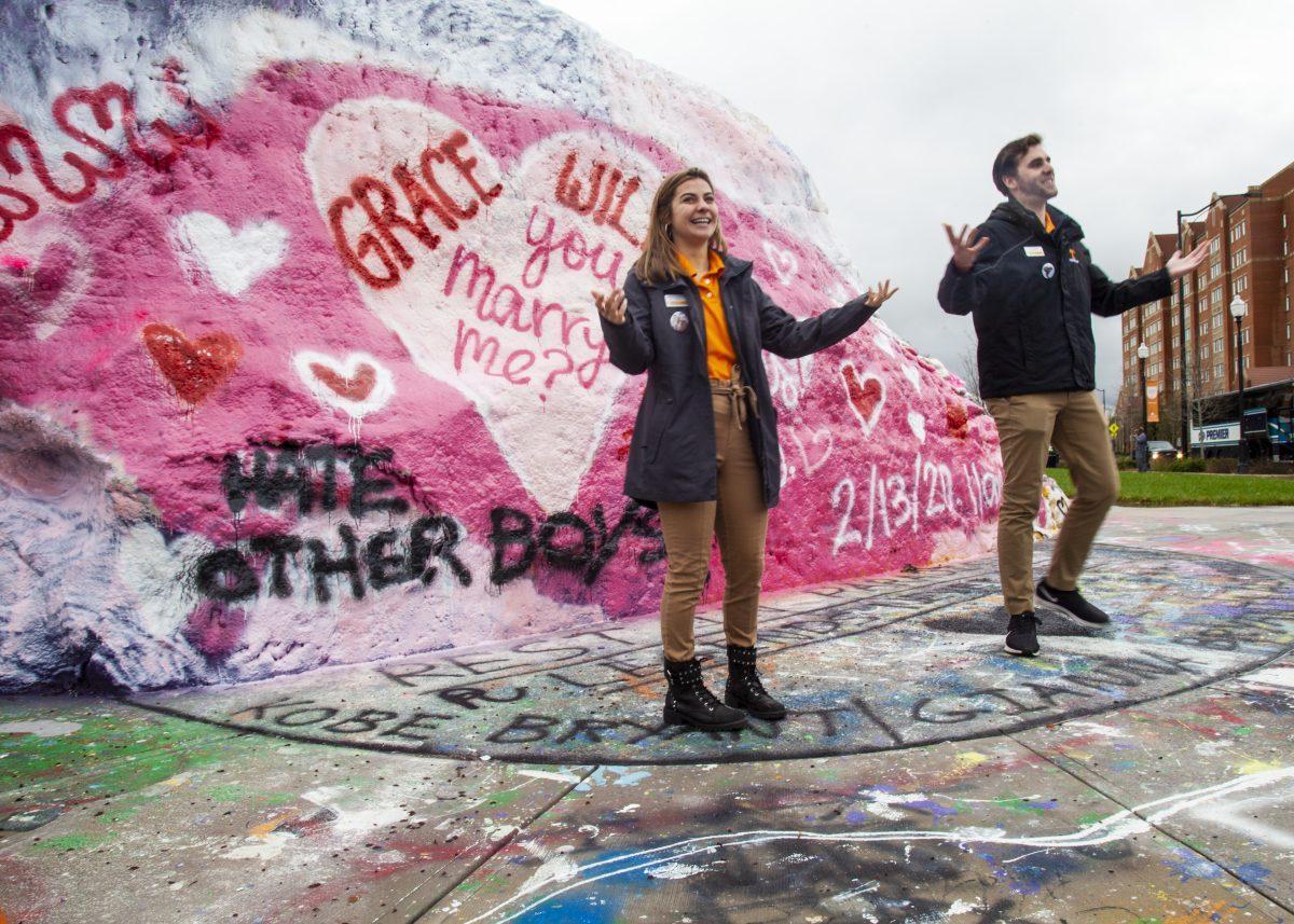 Will Slate and Grace Bosworth put on a fake proposal during a campus tour on Thursday, Feb. 13, 2020 at The Rock in Knoxville, TN.
