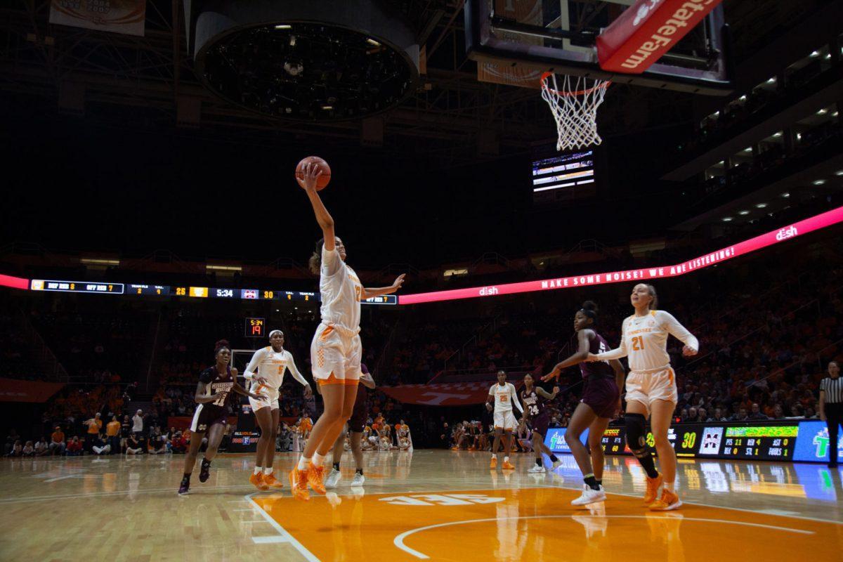Rae Burrell, #12, rebounds the ball during the game against Mississippi State on Thursday, February 6, 2020 at Thompson-Boling Arena.
