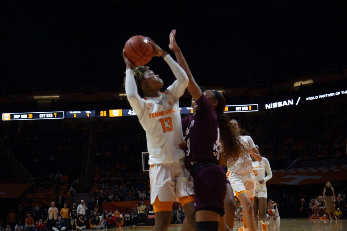 Jazmine Massengill, #13, fights to put the ball in the basket during the game against Mississippi State on Thursday, February 6, 2020 at Thompson-Boling Arena.