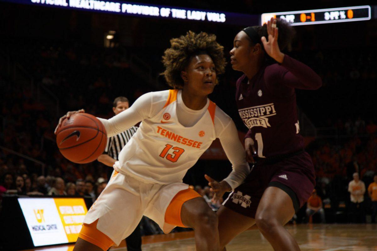 Jazmine Massengill, #13, fights to bring the ball to the net during the game against Mississippi State on Thursday, February 6, 2020 at Thompson-Boling Arena.