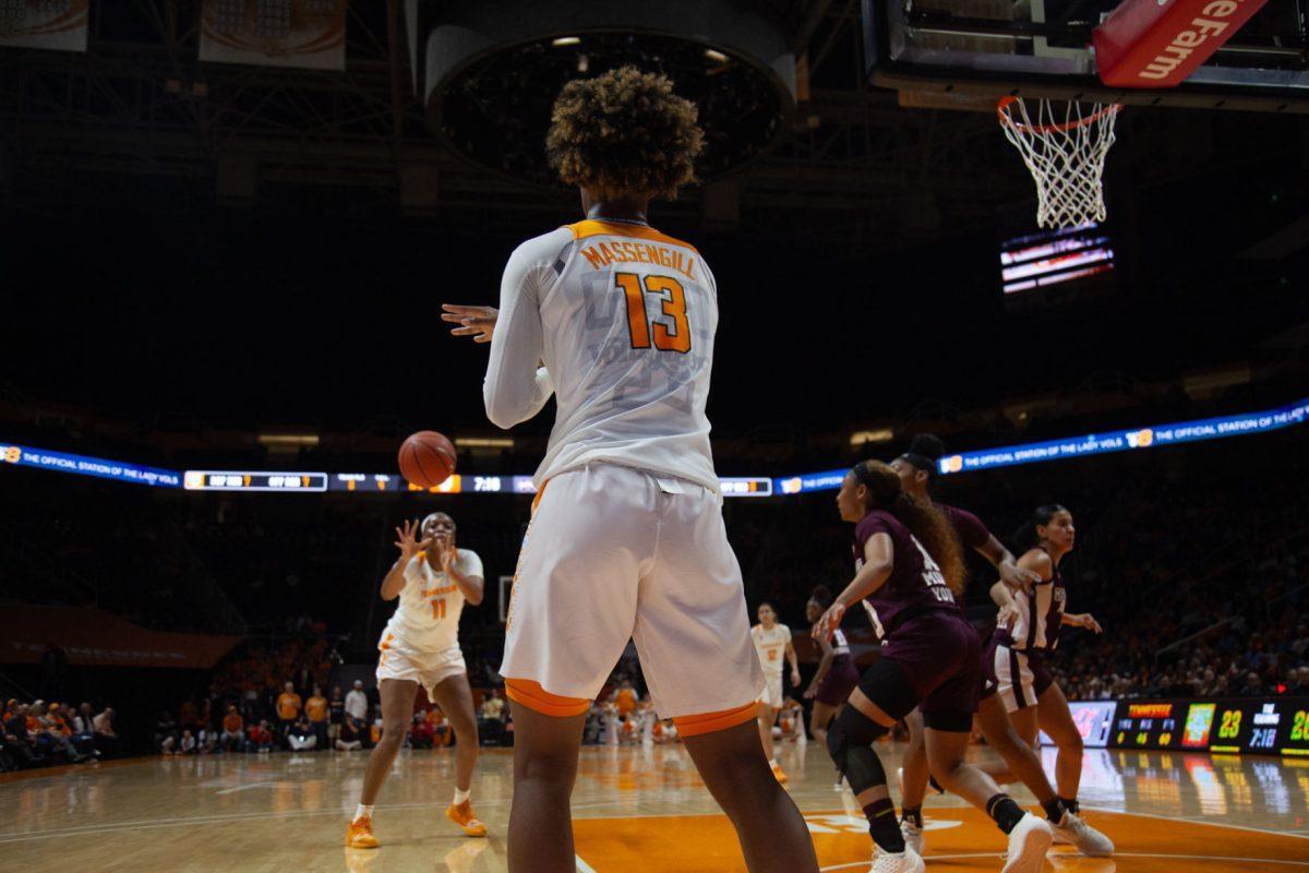 Jazmine Massengill, #13, passes the ball in bounds during the game against Mississippi State on Thursday, February 6, 2020 at Thompson-Boling Arena.