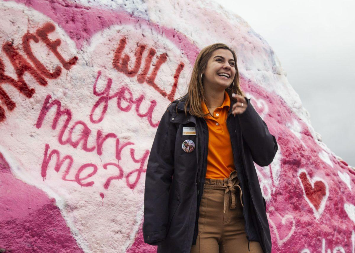 Will Slate and Grace Bosworth put on a fake proposal during a campus tour on Thursday, Feb. 13, 2020 at The Rock in Knoxville, TN.