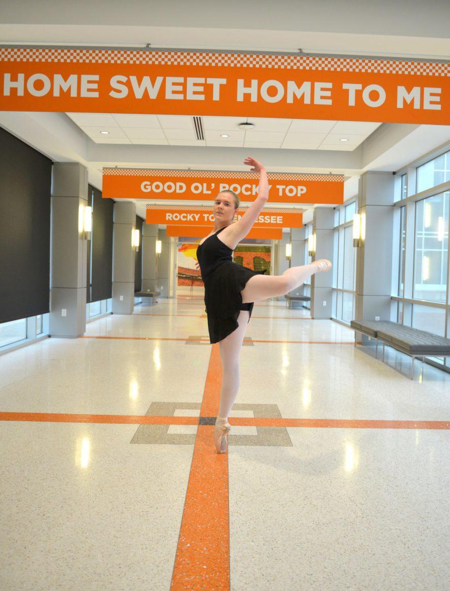 VOLS En Pointe member Rachel Harris, senior in mechanical engineering, twirls in the Student Union during a photoshoot with the Daily Beacon on Tuesday, March 10, 2020.
