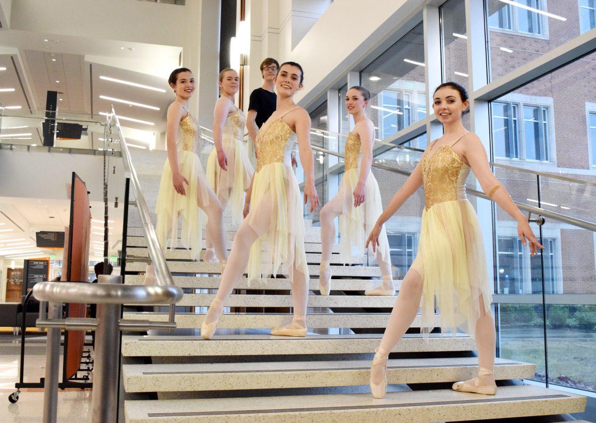 Ballet dancers (left to right) Carinne Cheney, Rachel Harris, Thomas Peplow, Elizabeth Cousins, Jess Simmons and Carolyn Wheeler from VOLS En Pointe pose in the Student Union on Tuesday, March 10, 2020.