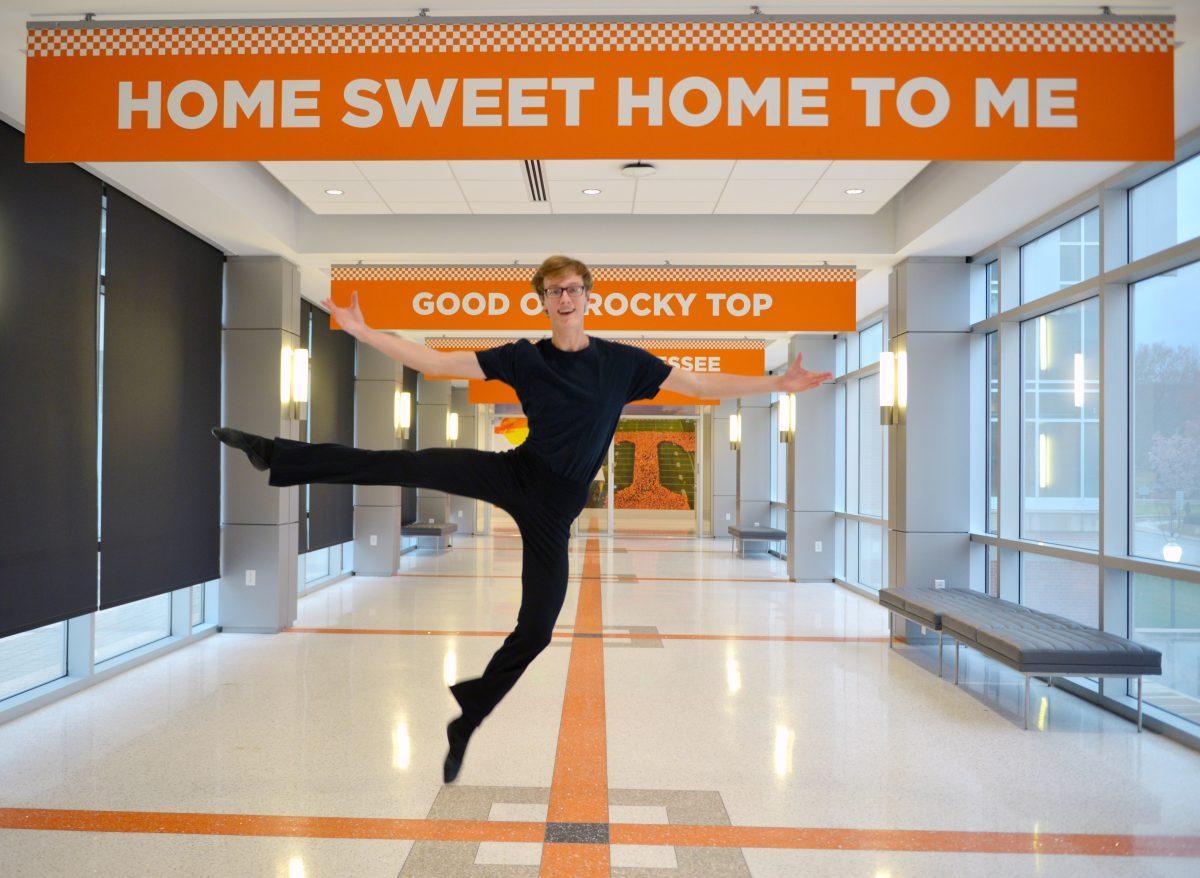 VOLS En Pointe member Thomas Peplow, sophomore in civil engineering, leaps into the air in the Student Union during a photoshoot with the Daily Beacon on Tuesday, March 10, 2020.