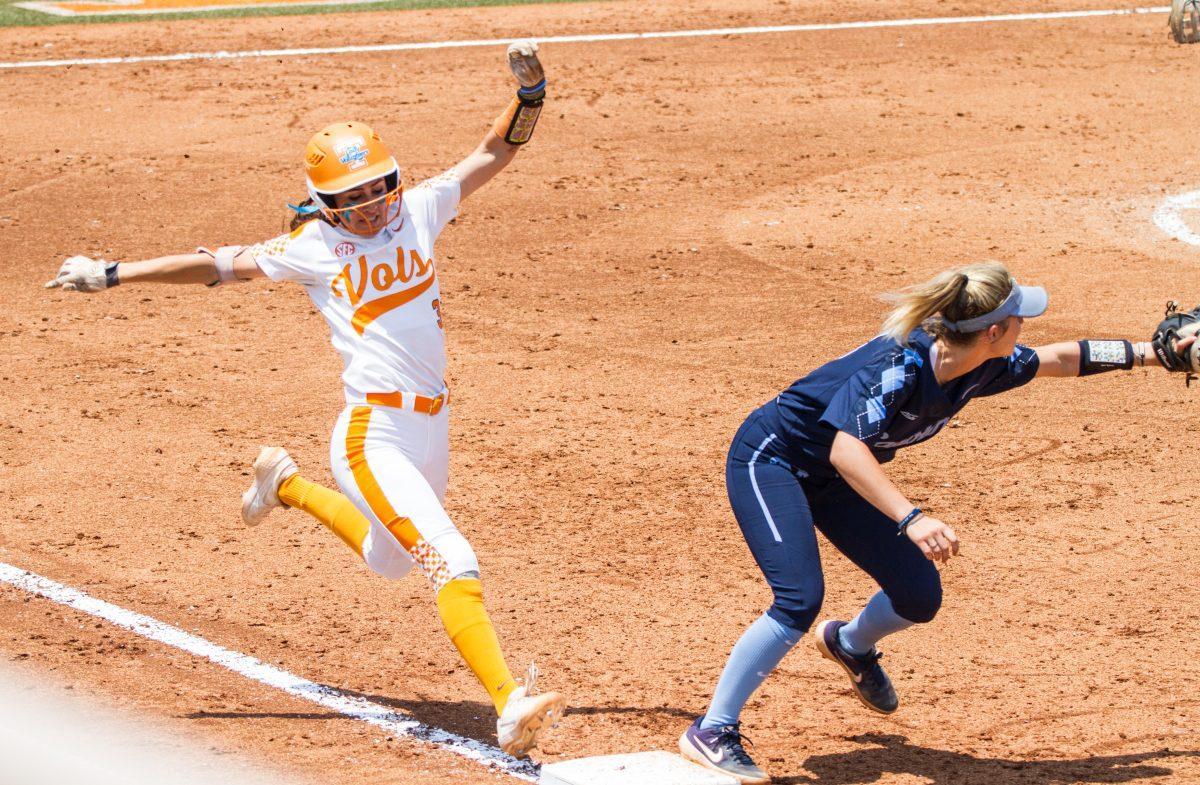 #3, Kaitlin Parsons runs to first base during the NCAA Regional Final against the University of North Carolina on Sunday, May 19, 2019.