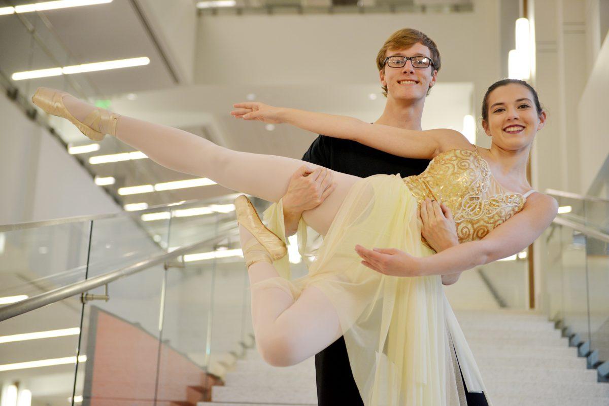 VOLS En Pointe members Thomas Peplow, sophomore in civil engineering, and Carinne Cheney, senior in microbiology, pose on the steps in the Student Union on Tuesday, March 10, 2020.