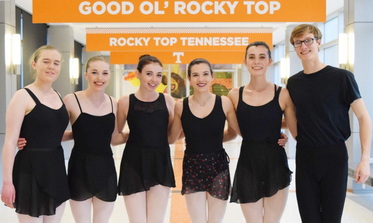 VOLS En Pointe members (left to right) Rachel Harris, Jess Simmons, Carolyn Wheeler, Carinne Cheney, Elizabeth Cousins and Thomas Peplow pose for photos on Tuesday, March 10, 2020 in the Student Union.