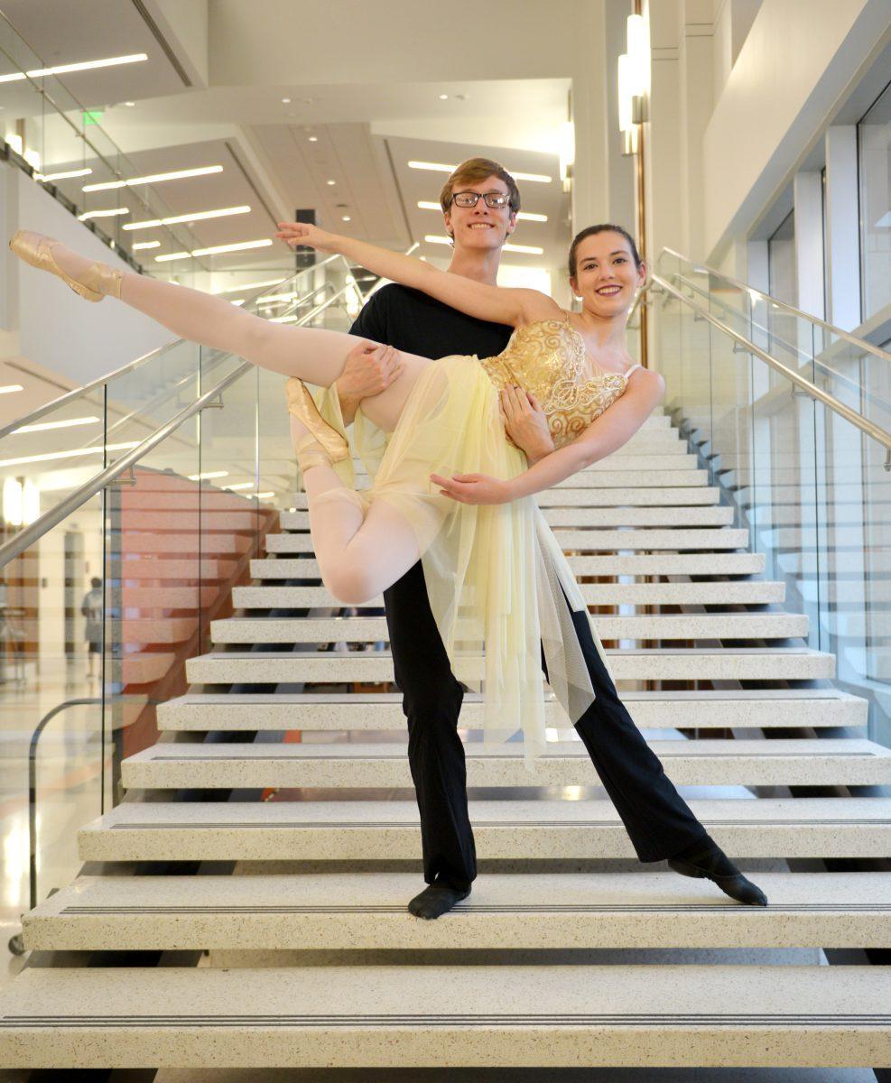 VOLS En Pointe members Thomas Peplow, sophomore in civil engineering, and Carinne Cheney, senior in microbiology, pose on the steps in the Student Union on Tuesday, March 10, 2020.