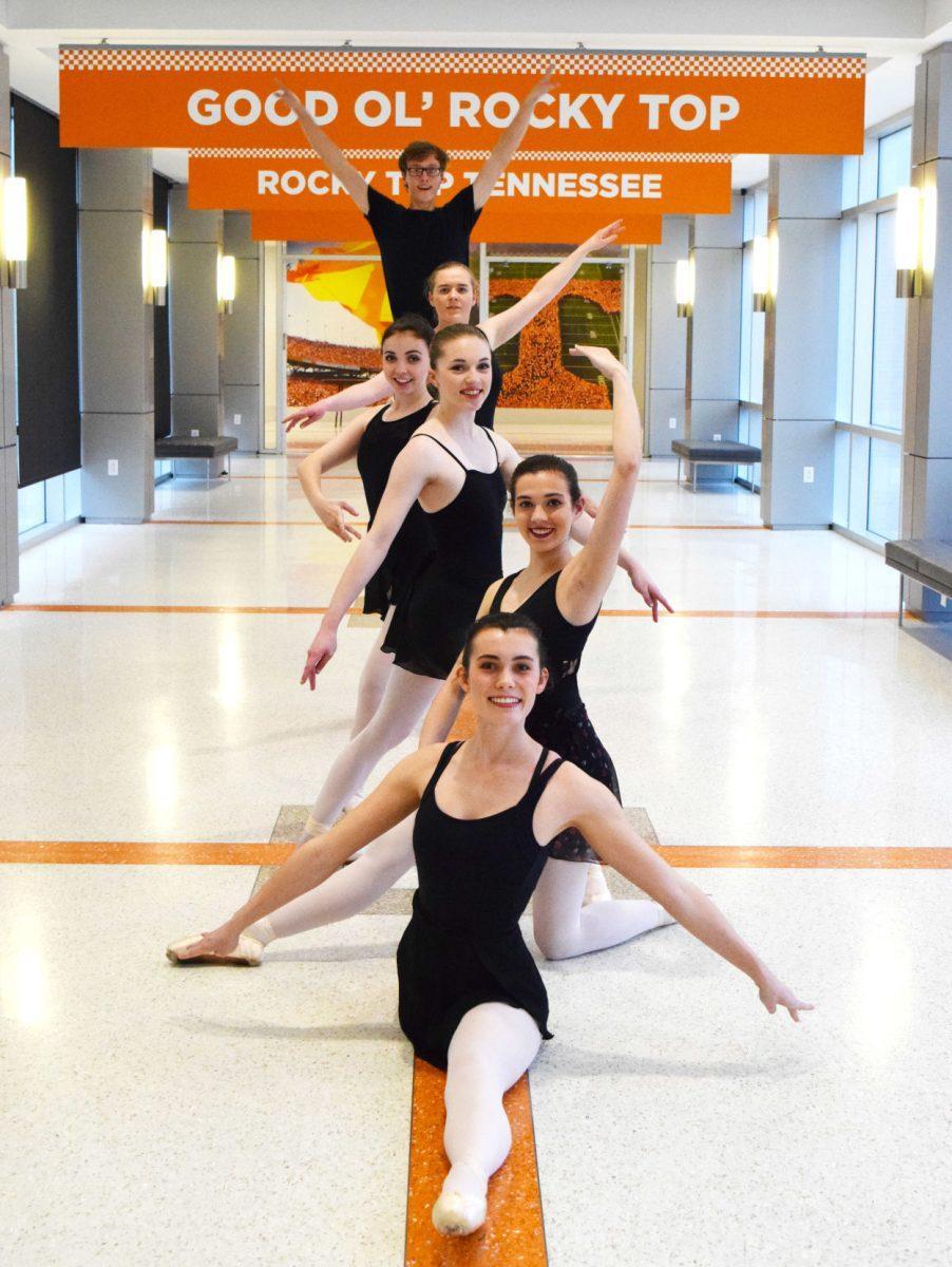 Elizabeth Cousins, Carinne Cheney, Jess Simmons, Carolyn Wheeler, Rachel Harris and Thomas Peplow (from front to back) are members of the ballet dance group VOLS En Pointe. The group teaches classes three times during the week and volunteers teaching preschoolers ballet on Wednesdays.