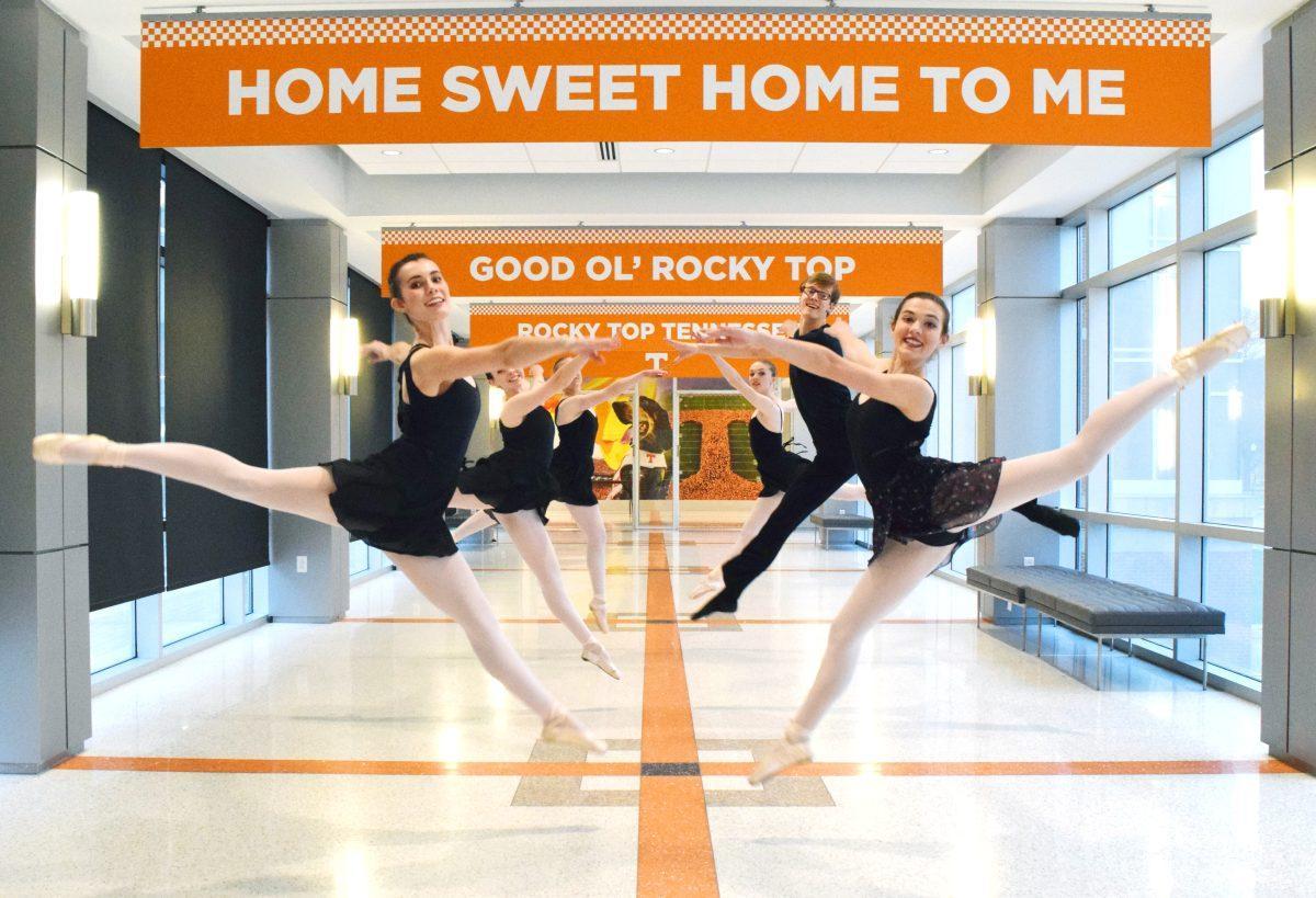 VOLS En Pointe members perform a grand jeté in the hallway connecting the two parts of the Student Union on Tuesday, March 10, 2020. VOLS En Pointe is a ballet dance group formed in 2019 to give more opportunities for dance for students on campus.