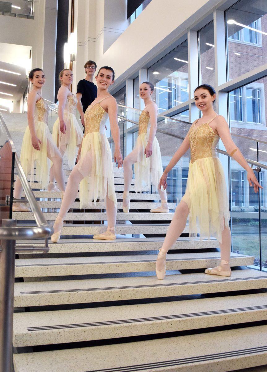Six ballet dancers from VOLS En Pointe pose in the Student Union on Tuesday, March 10, 2020. From left to right: Carinne Cheney, Rachel Harris, Thomas Peplow, Elizabeth Cousins, Jess Simmons and Carolyn Wheeler.