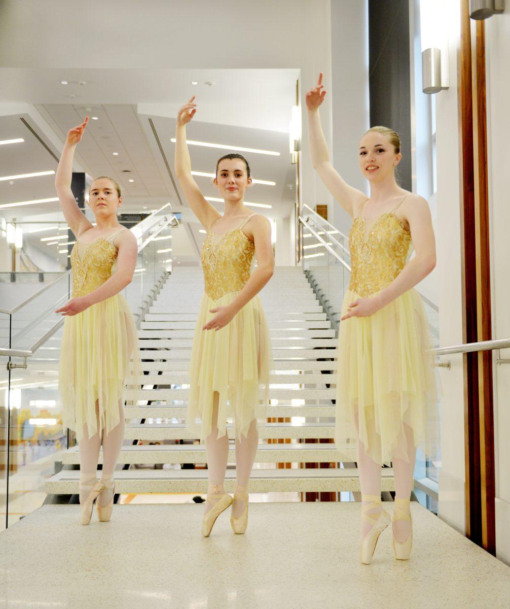 VOLS En Pointe members Rachel Harris, Elizabeth Cousins and Jess Simmons pose in the Student Union on Tuesday, March 10, 2020.