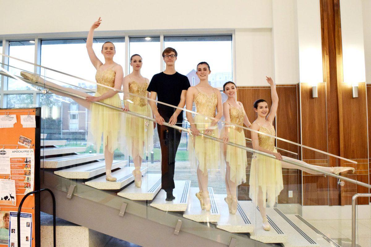 VOLS En Pointe dancers (left to right) Rachel Harris, Jess Simmons, Thomas Peplow, Elizabeth Cousins, Carolyn Wheeler and Carinne Cheney pose in the Student Union on Tuesday, March 10, 2020. The group volunteers on Wednesdays teaching preschoolers ballet.