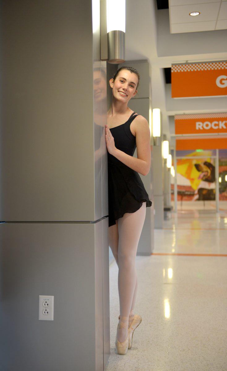 VOLS En Pointe member Elizabeth Cousins, senior in neuroscience, demonstrates the pointe technique in the Student Union on Tuesday, March 10, 2020.
