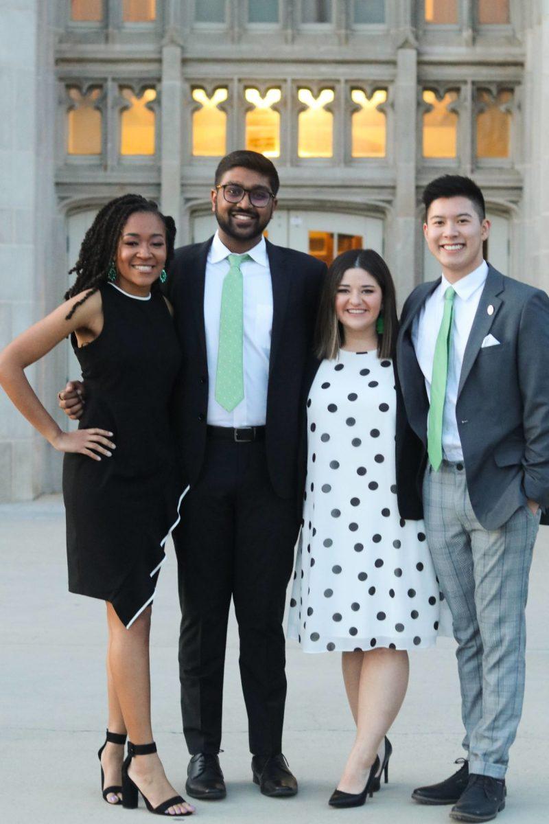 Karmen Jones, a junior studying English rhetoric and Africana studies, for student body president (left), Raj Patel, a junior studying aerospace engineering, for student body vice president (middle left), Emma Kate Hall, a junior studying political science, for student services director (middle right), Cody Ramangkoun, a junior studying industrial engineering, for executive treasurer (right).