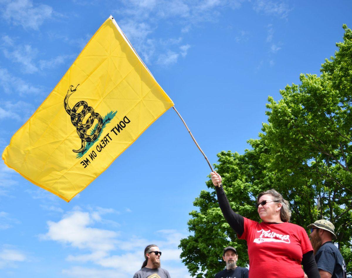 A protester hoists a "Don't Tread on Me" flag into the air during the Knoxville Freedom Rally Protest outside West Town Mall, along Kingston Pike on Sunday, April 19, 2020. 