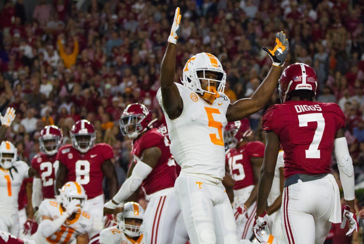 Josh Palmer, #5, celebrates after a touchdown during the Tennessee and Alabama football game at Bryant-Denny Stadium on Saturday, Oct.19, 2019.
