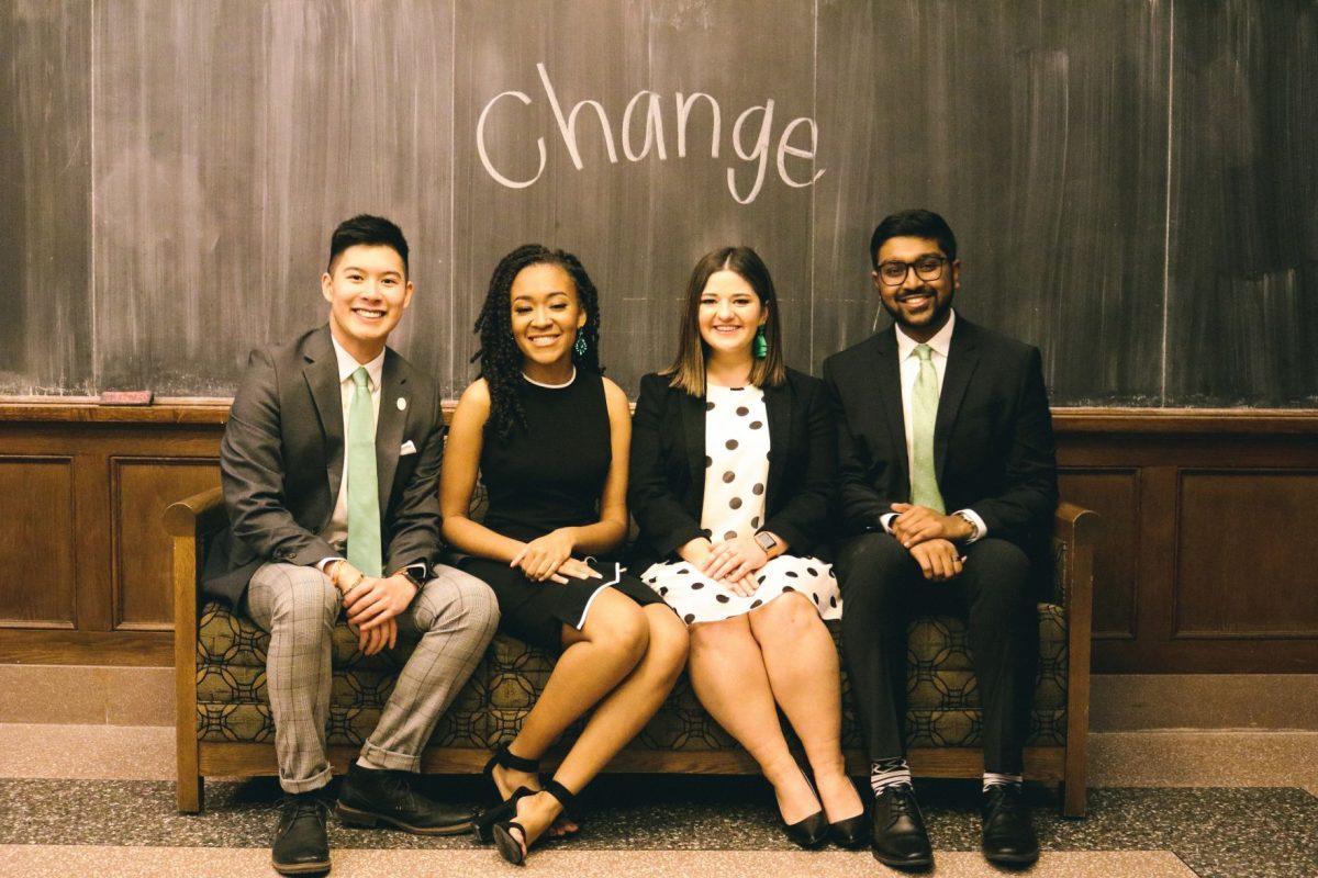 Cody Ramangkoun, a junior studying industrial engineering, for executive treasurer (left), Karmen Jones, a junior studying English rhetoric and Africana studies, for student body president (middle left), Emma Kate Hall, a junior studying political science, for student services director (middle right), Raj Patel, a junior studying aerospace engineering, for student body vice president (right).
