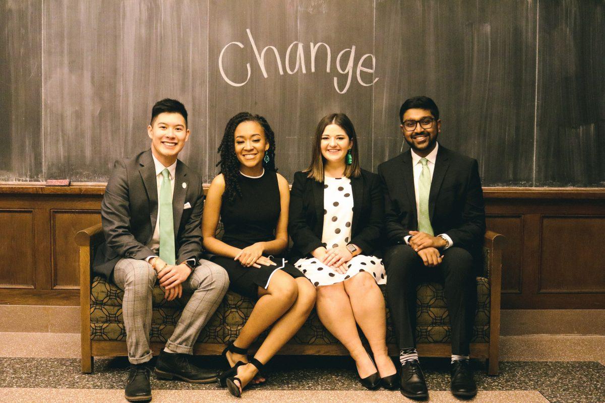 Cody Ramangkoun, a junior studying industrial engineering, for executive treasurer (left), Karmen Jones, a junior studying English rhetoric and Africana studies, for student body president (middle left), Emma Kate Hall, a junior studying political science, for student services director (middle right), Raj Patel, a junior studying aerospace engineering, for student body vice president (right).