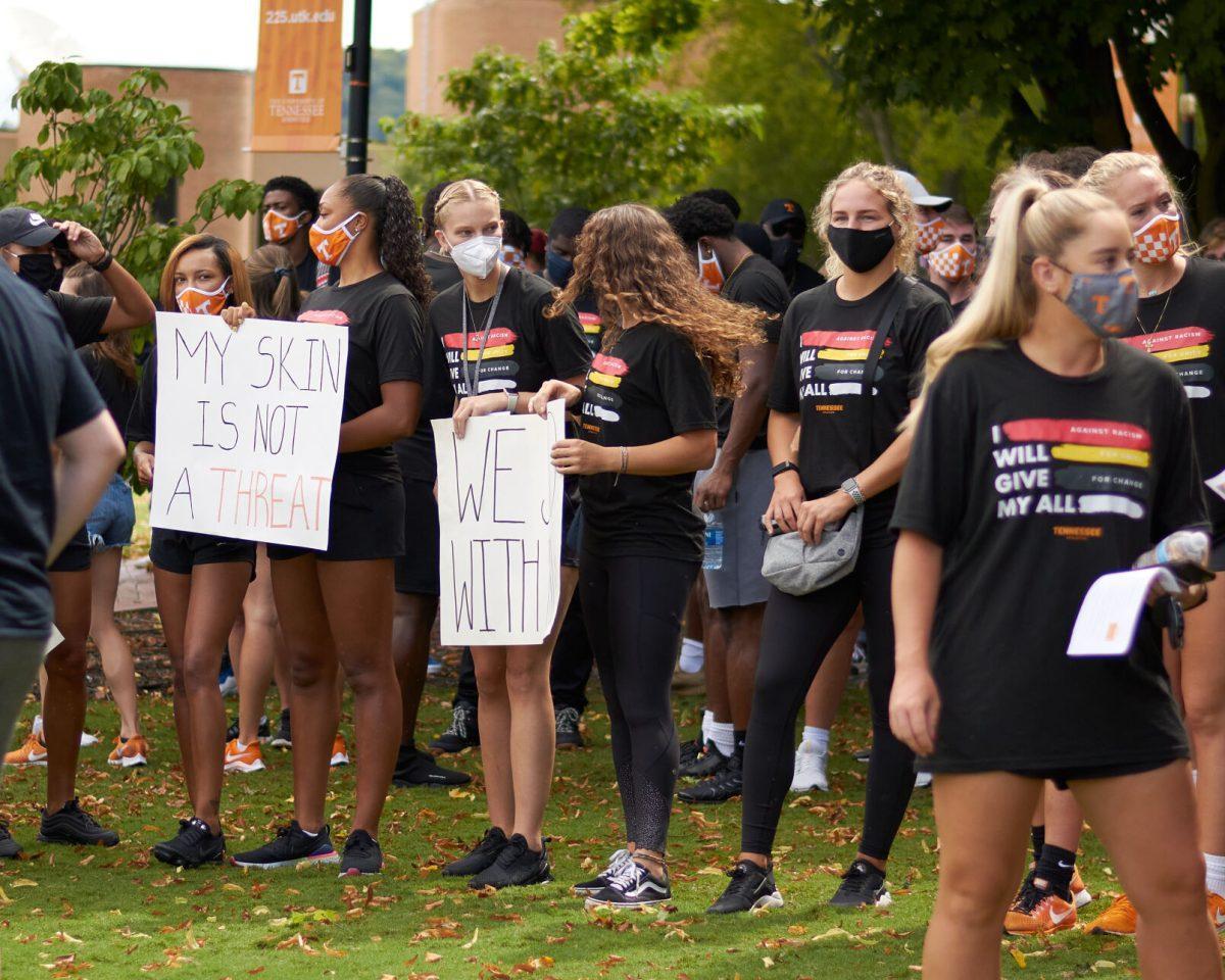 A group of students wait talking in Circle Park before the BLM March begins, on August 29, 2020.