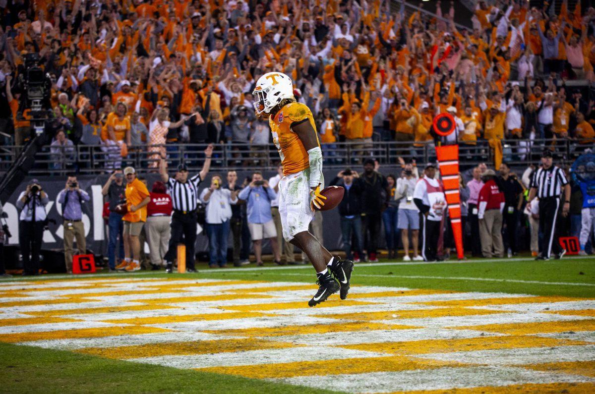 #3 Eric Gray after scoring a touchdown for the Tennessee Volunteers facing Indiana in the 2020 Tax Slayer Bowl.