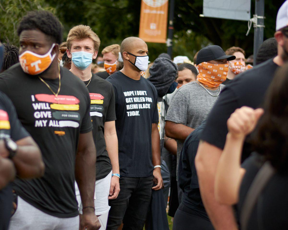 A group of supporters wait in Circle Park for the BLM March to begin, on August 29, 2020.