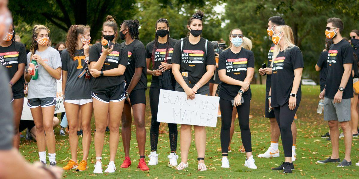 A group of students wait at Circle Park before the BLM March begins, on August 29, 2020.