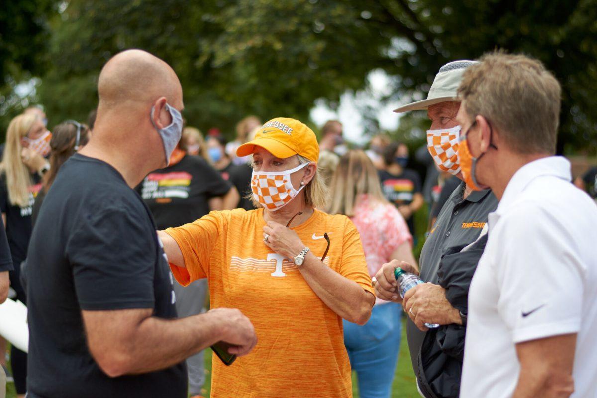 Chancellor Donde Plowman speaks with a group of supporters in Circle Park before the BLM March begins, on August 29, 2020.