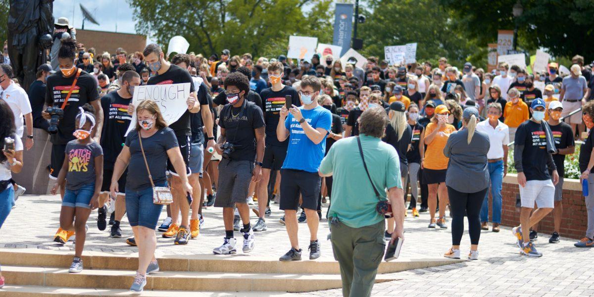 Supporters leave Circle Park as the BLM March begins, on August 29, 2020.