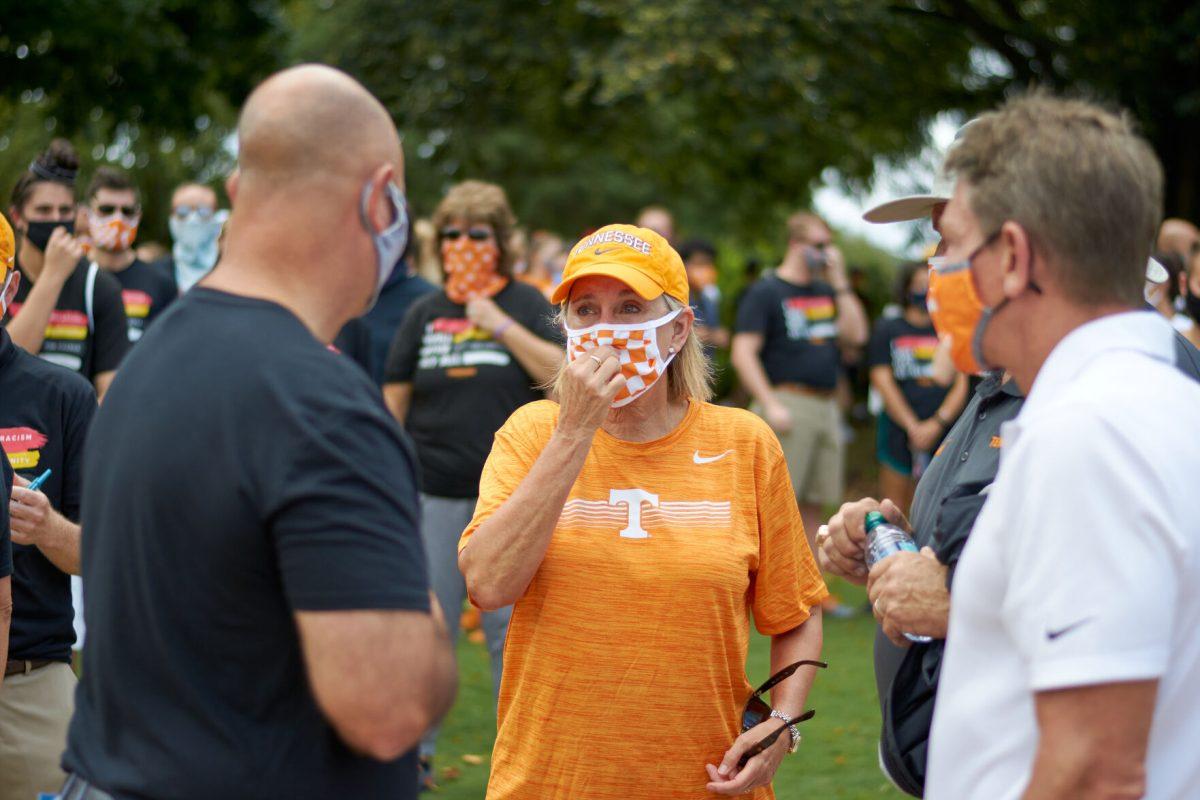 Chancellor Donde Plowman speaks with a group of supporters in Circle Park before the BLM March begins, on August 29, 2020.