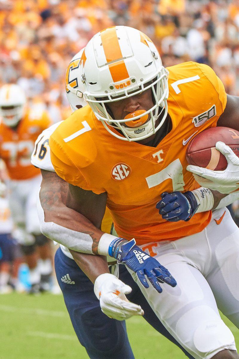 Brandon Johnson, #7, rushes past an opposing player at the Chattanooga football game on Saturday, September 14, 2019. 