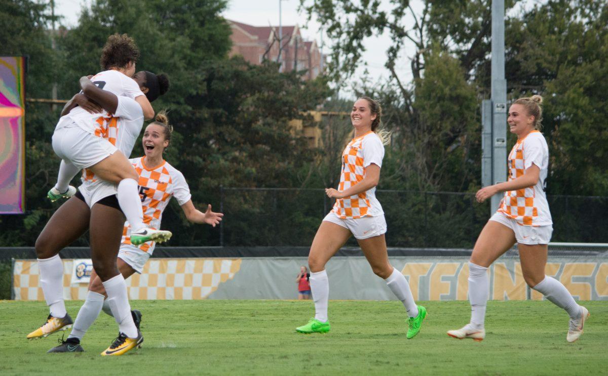 Tennessee Lady Vols celebrate after scoring a goal against Mississippi State on Sept. 23, 2018 at Regal Soccer Stadium.