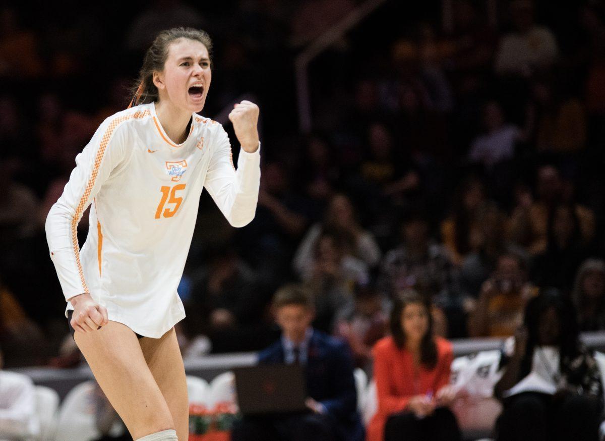 Tennessee's Lily Felts (15) reacts after a play during the game against Auburn University on Wednesday, November 27, 2019 at Thompson-Boling Arena.
