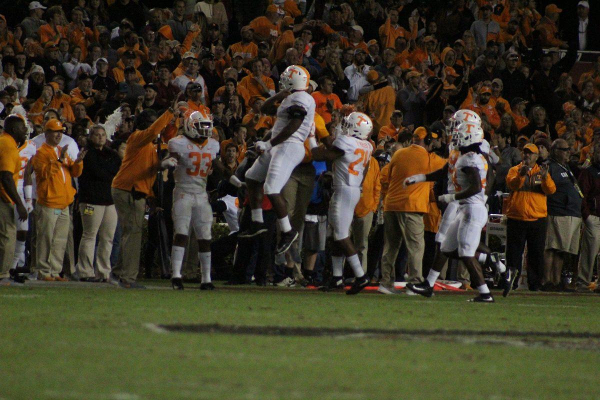Tennessee players celebrate during game against South Carolina on Oct. 27, 2018 at Williams-Brice Stadium.