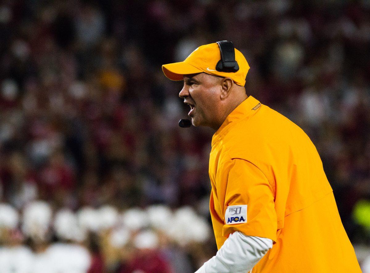 Tennessee's head coach Jeremy Pruitt calls to his players during the Tennessee and Alabama football game at Bryant-Denny Stadium on Saturday, Oct.19, 2019. 