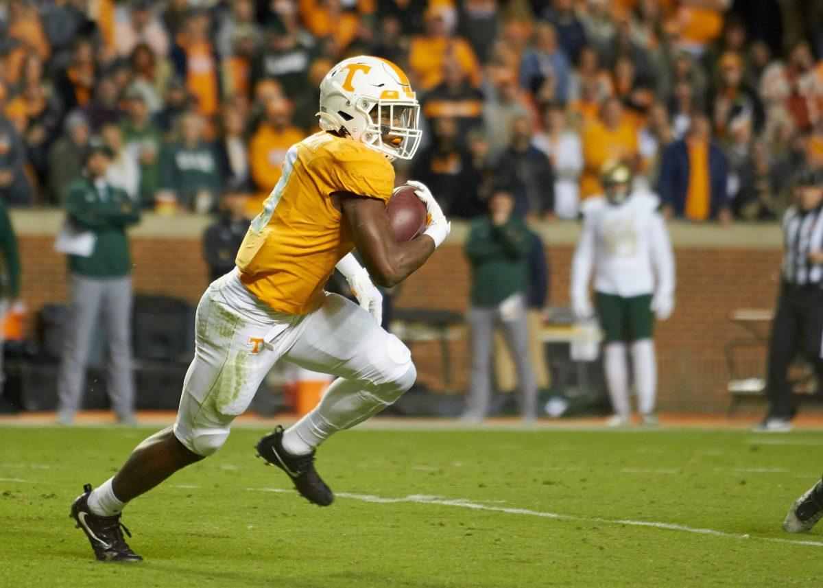 Ty Chandler, #8, charges towards the end-zone at the UAB football game in Neyland Stadium on Saturday, November 2, 2019.