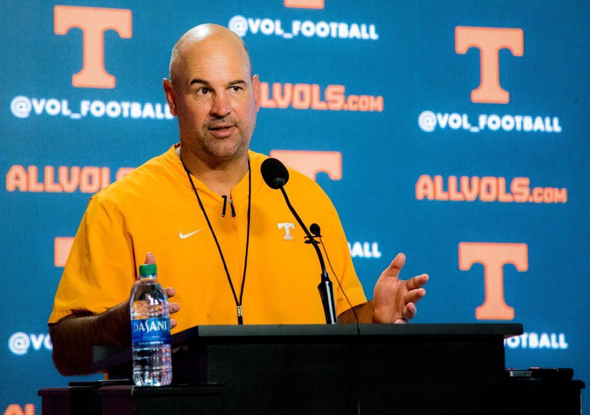 Head coach of the University of Tennessee's football team, Jeremy Pruitt, gives a press conference on August 23, 2019 in the Ray and Lucy Hand Digital Studio. 