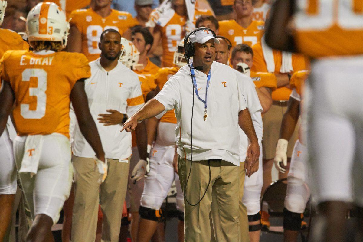 Coach Pruitt yells instructions during the BYU game on September 7, 2019 in Neyland Stadium. 