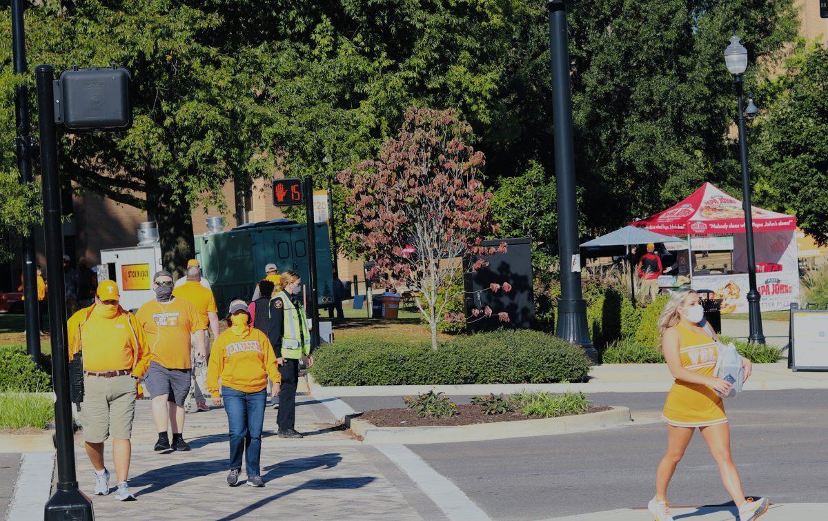 Vol fans walking around campus for the first home game vs. Missouri at Neyland Stadium on Oct. 3, 2020. 