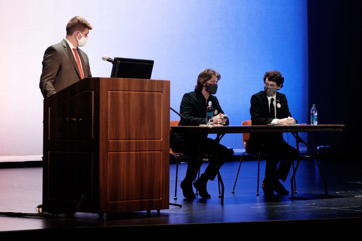 College Republican Max Hawkins explains his position during the College Republicans, Democrats, and Libertarians debate in the Student Union Auditorium on Oct. 26, 2020.