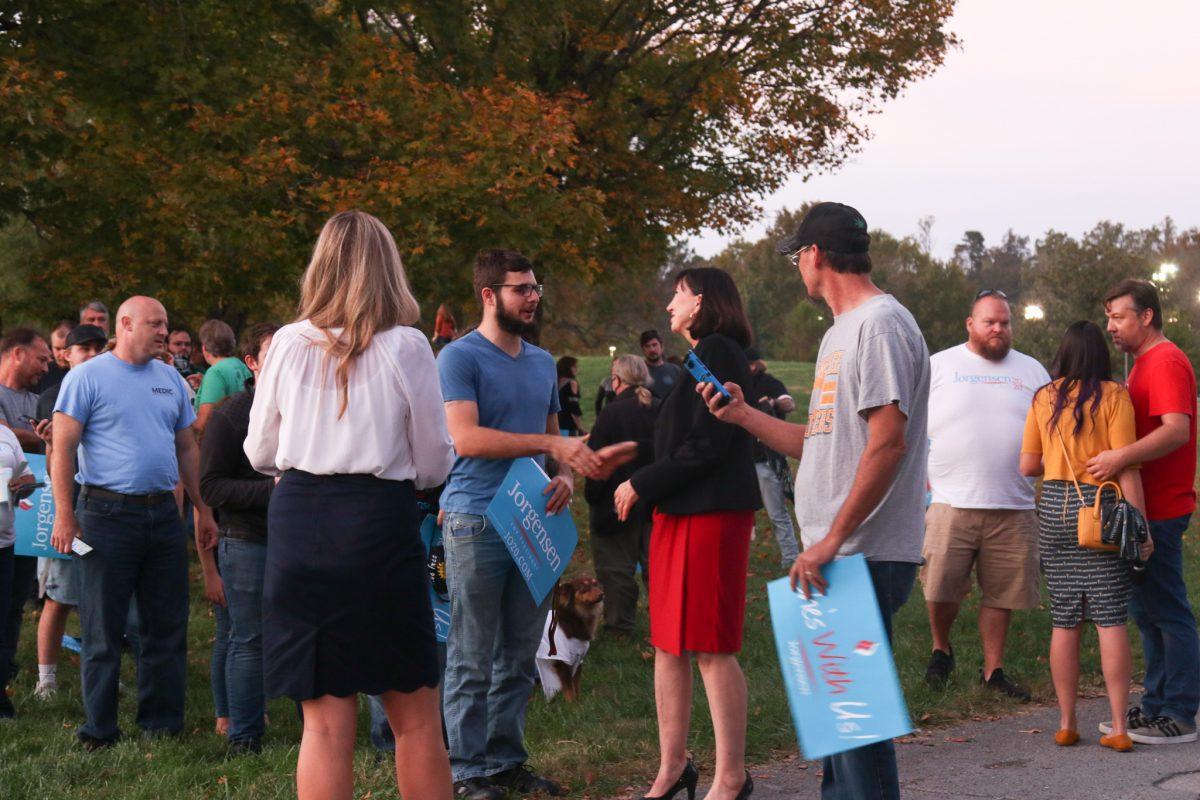Supporters line up to talk to Jo Jorgensen after rally at Lakeshore Park on Monday, October 19th, 2020.